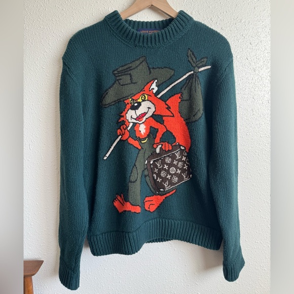 RARE LOUIS VUITTON Handknit Cartoon Fox Green Sweater - Picture 10 of 12
